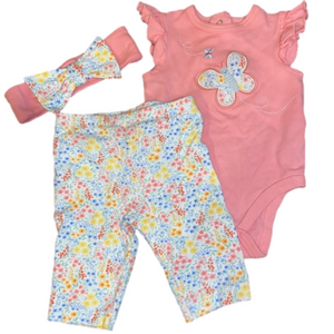 Little Me Baby Pink Floral Matching Set 3-6 Mo. Bodysuit, pants and headband.